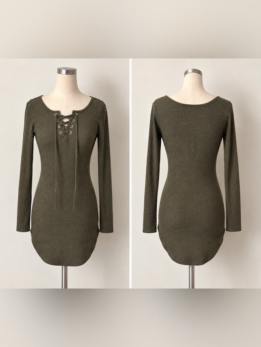 Long Sleeve Ribbed Lace-Up Sweater Dress